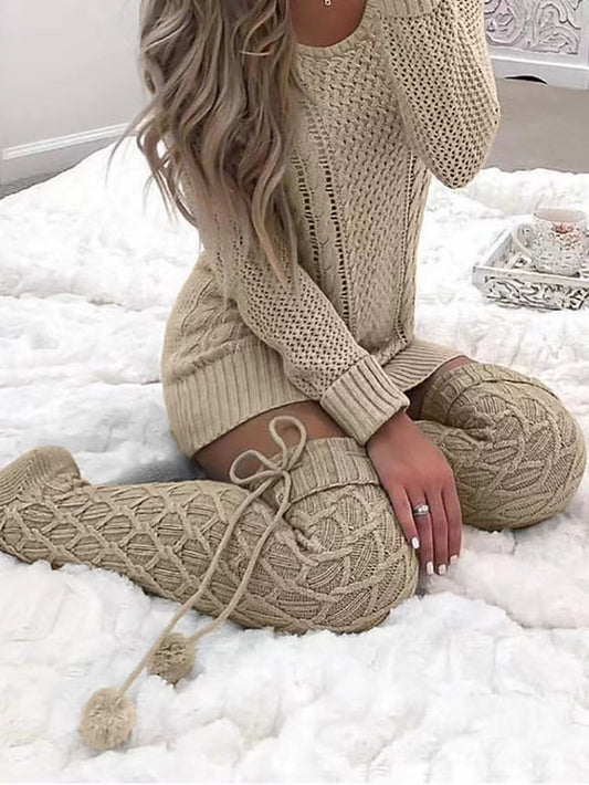 1pair Women Solid Pom Pom Decor Fashion  Over The Knee Socks, For Winter Beige