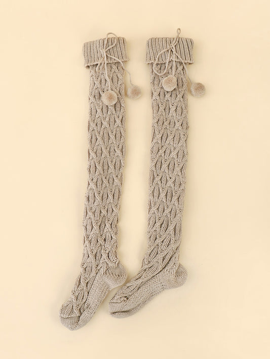 1pair Women Solid Pom Pom Decor Fashion  Over The Knee Socks, For Winter Beige