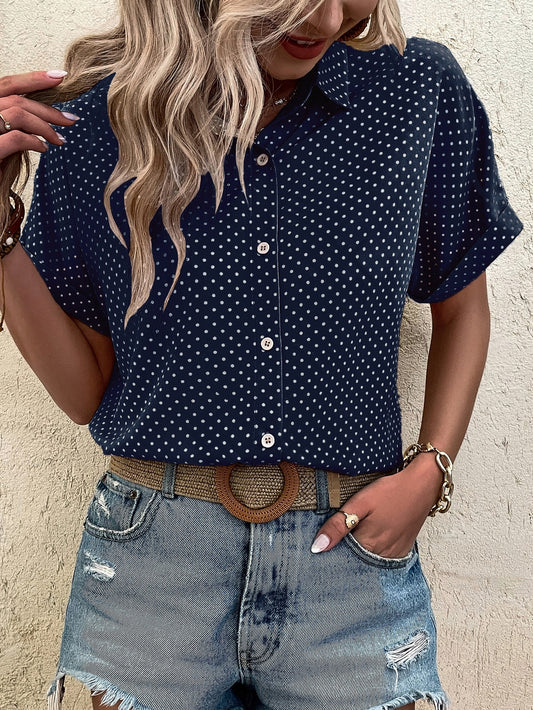 EMERY ROSE Polka Dot Print Batwing Sleeve Shirt Navy Blue