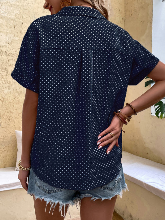 EMERY ROSE Polka Dot Print Batwing Sleeve Shirt Navy Blue