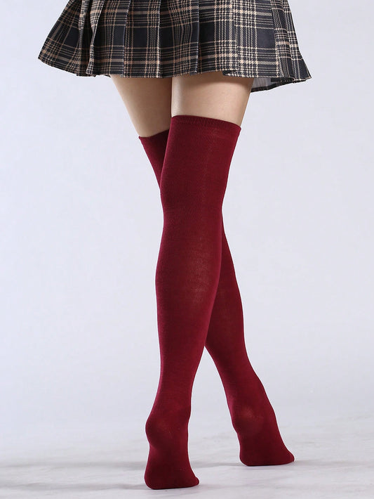 Solid Over The Knee Socks Burgundy