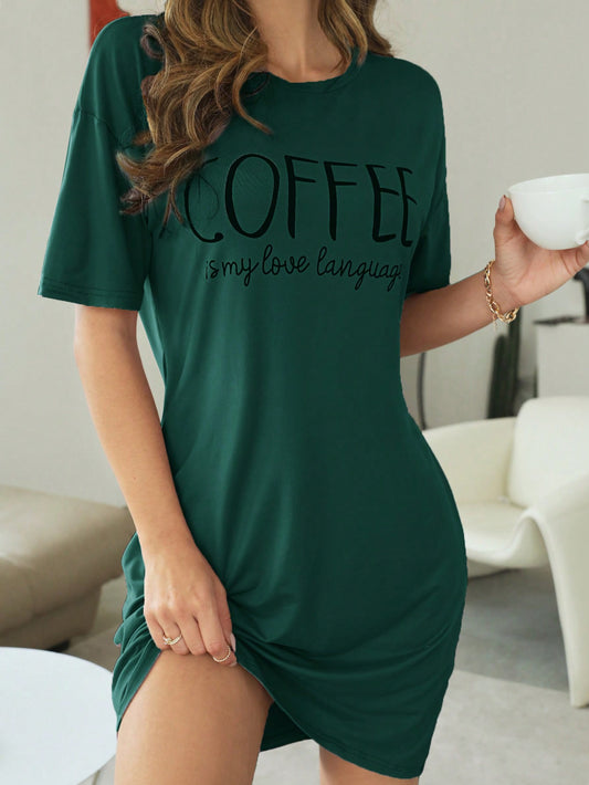 Slogan Graphic Drop Shoulder Pajama Nightdress Dark Green