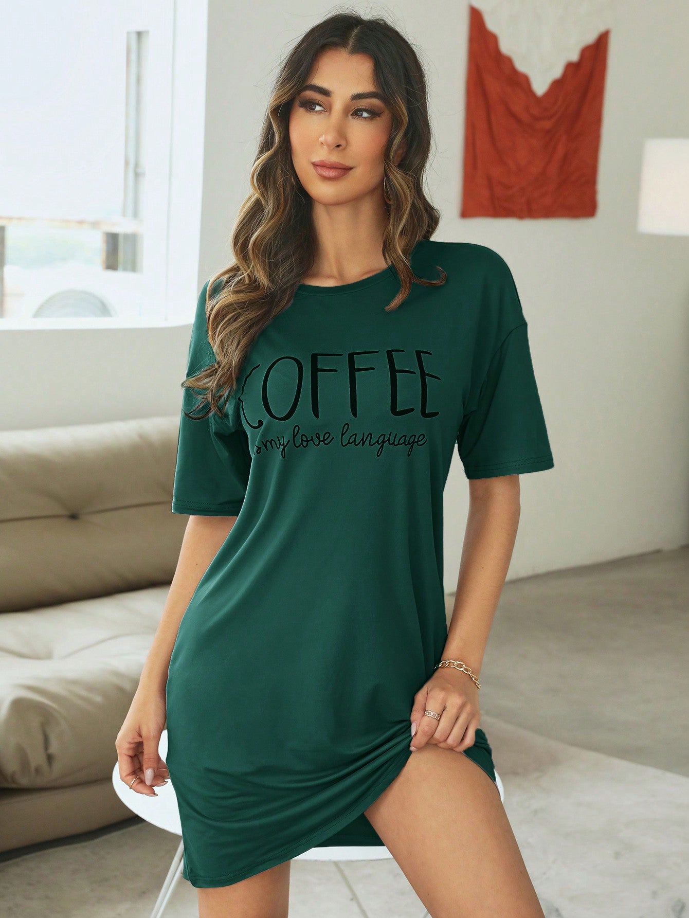 Slogan Graphic Drop Shoulder Pajama Nightdress Dark Green