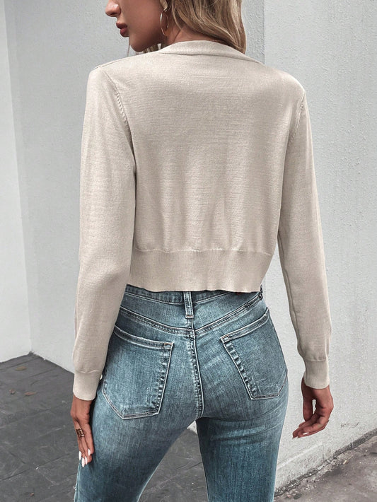 SHEIN LUNE Solid Button Front Crop Cardigan Khaki