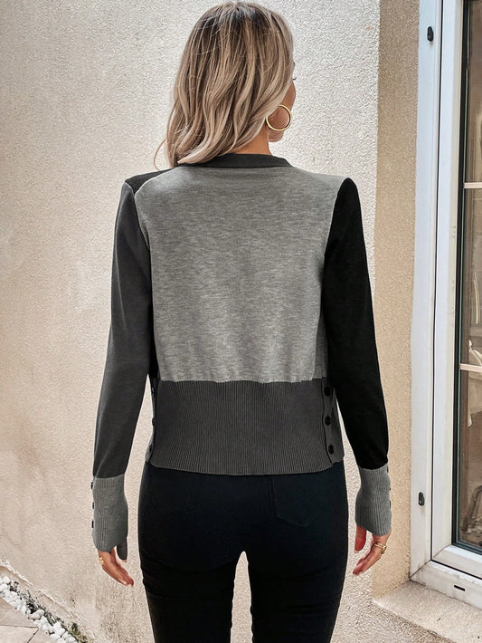 EMERY ROSE Women Contrast Color Knit Casual Long Sleeve Single-Breasted Cardigan,Long Sleeve Tops Grey
