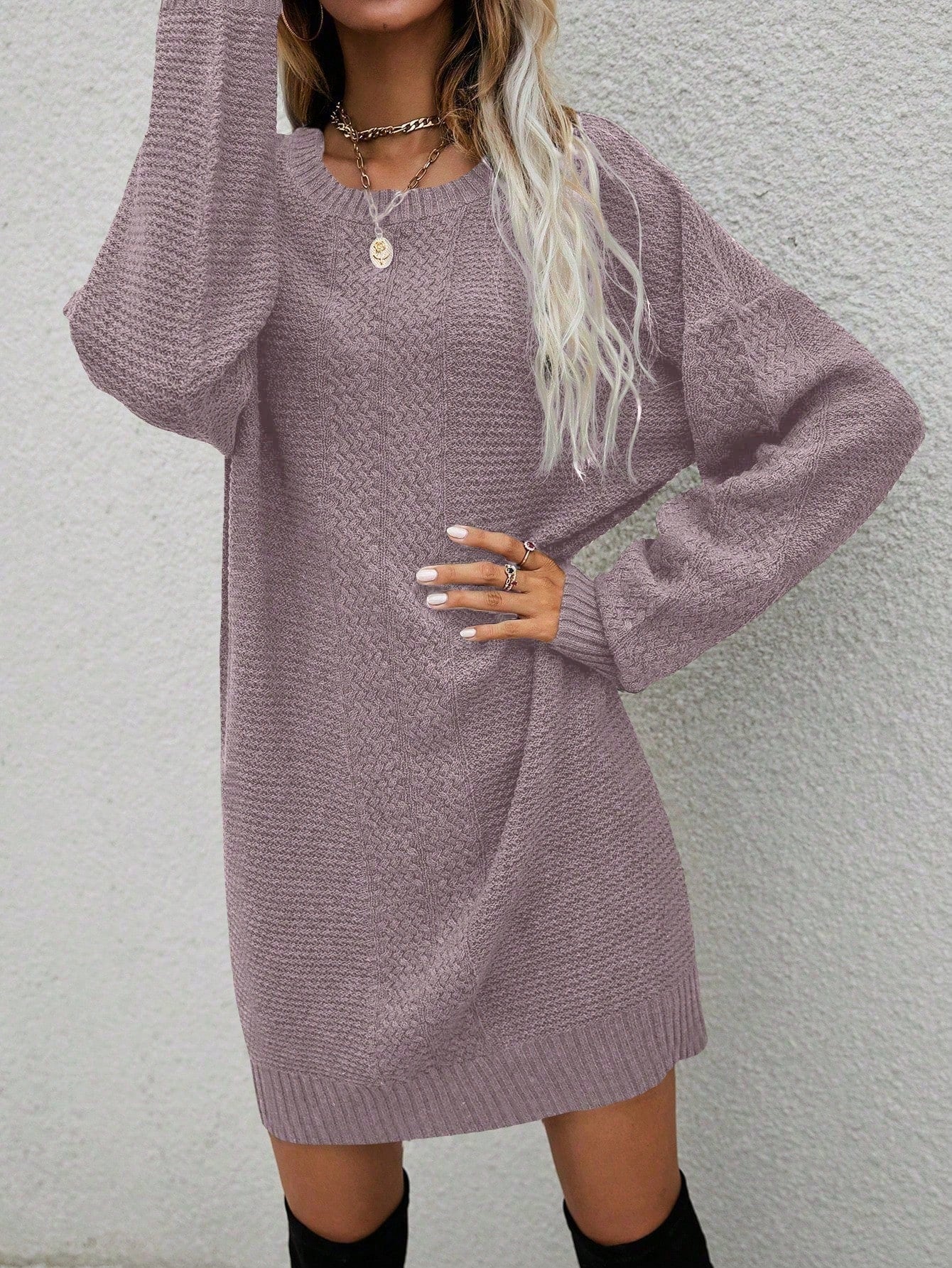 SHEIN LUNE Solid Drop Shoulder Sweater Dress Mauve Purple