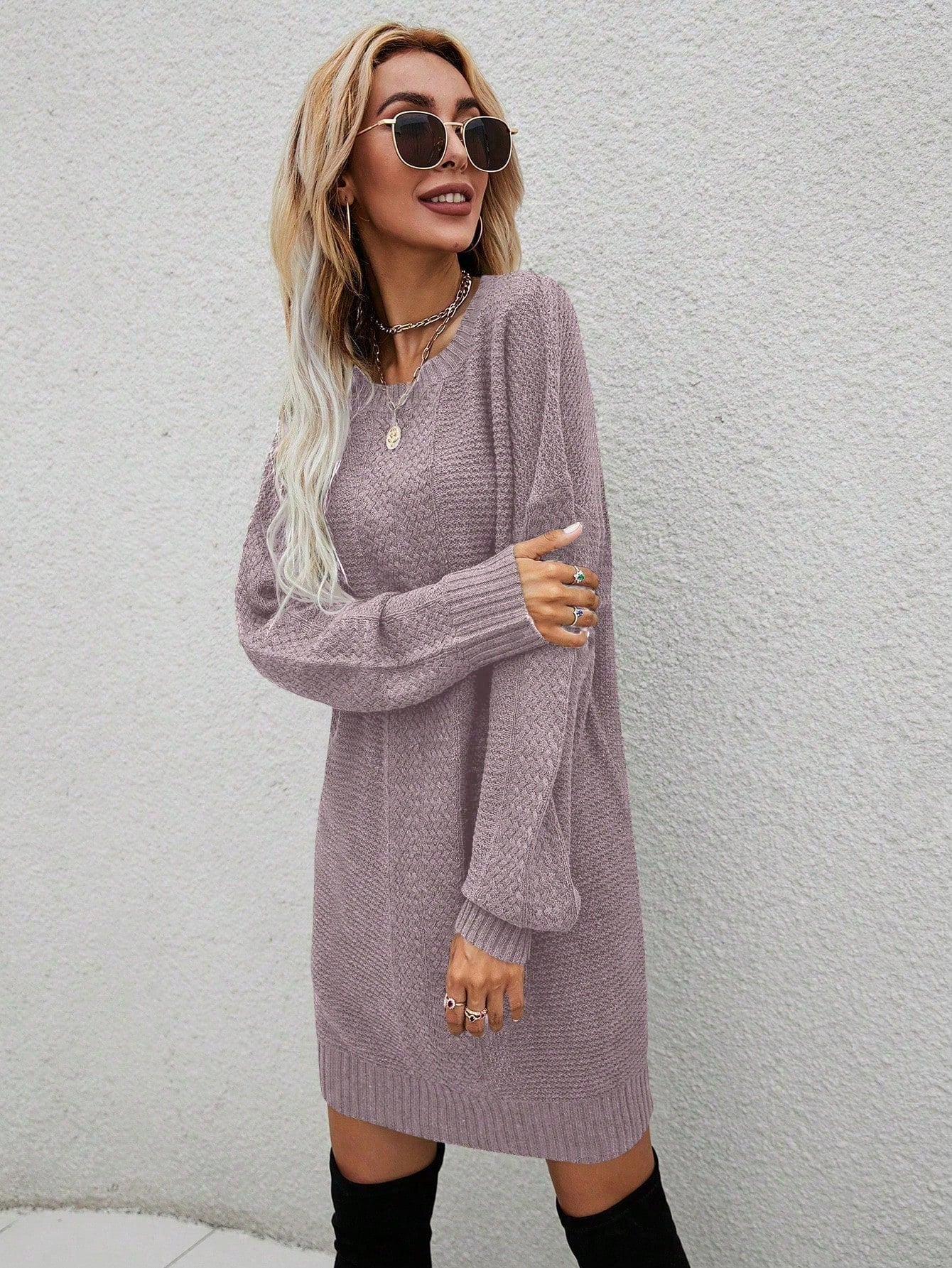 SHEIN LUNE Solid Drop Shoulder Sweater Dress Mauve Purple