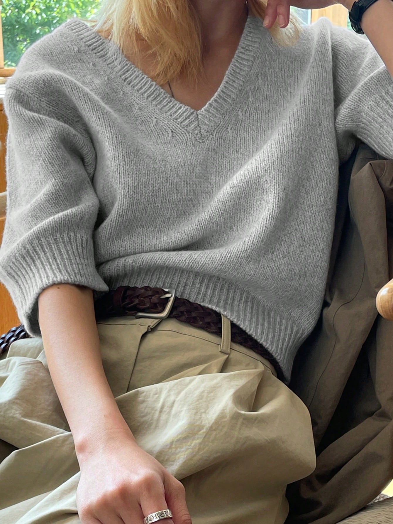 DAZY Women's Business Casual V-Neck Commuter Neutral Knitted Sweater Grey