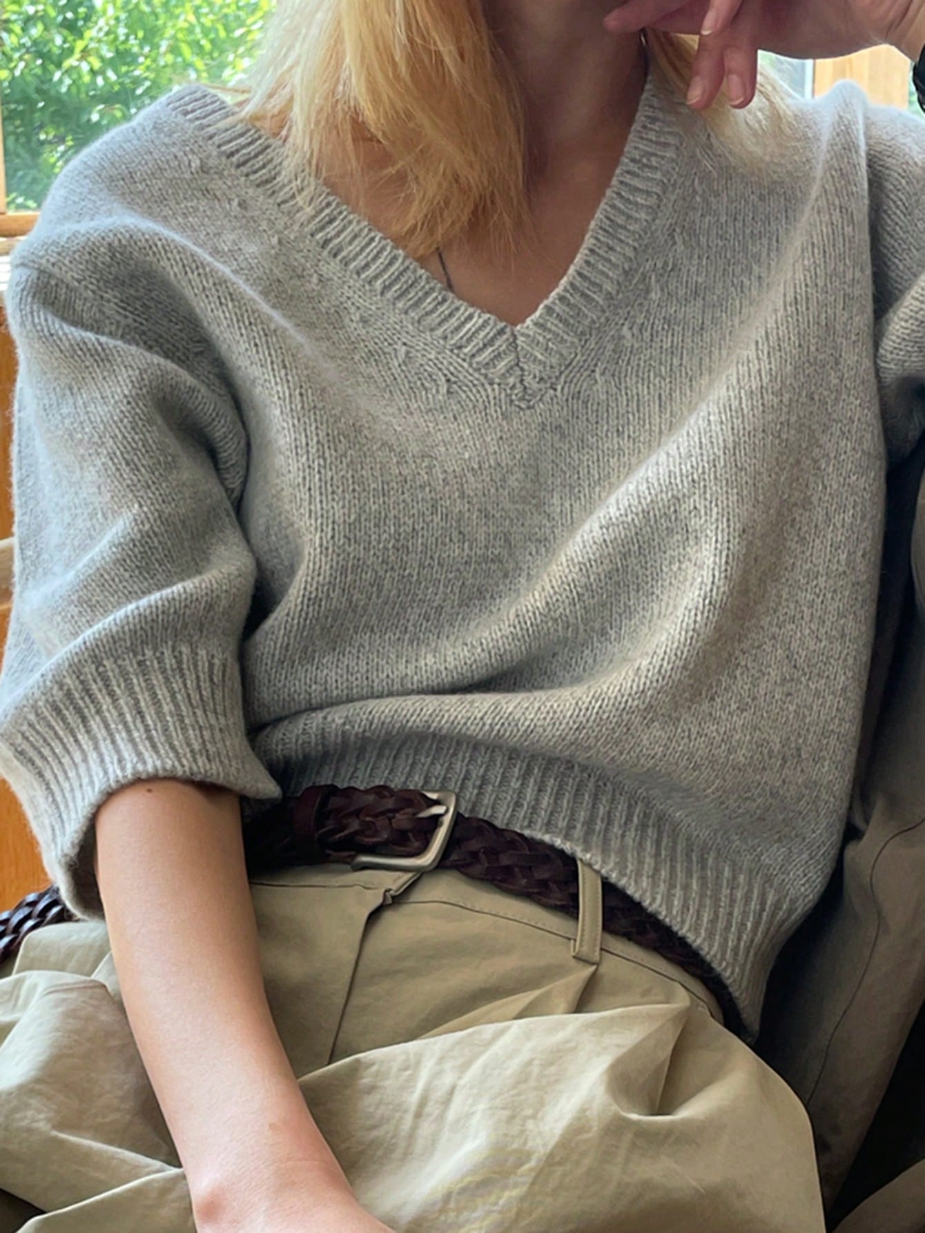 DAZY Women's Business Casual V-Neck Commuter Neutral Knitted Sweater Grey