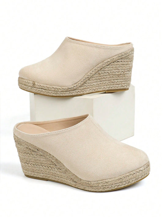 Round Toe Breathable Plush Fabric & Burlap Rope Fashion Wedge Heel Women's Slippers Beige