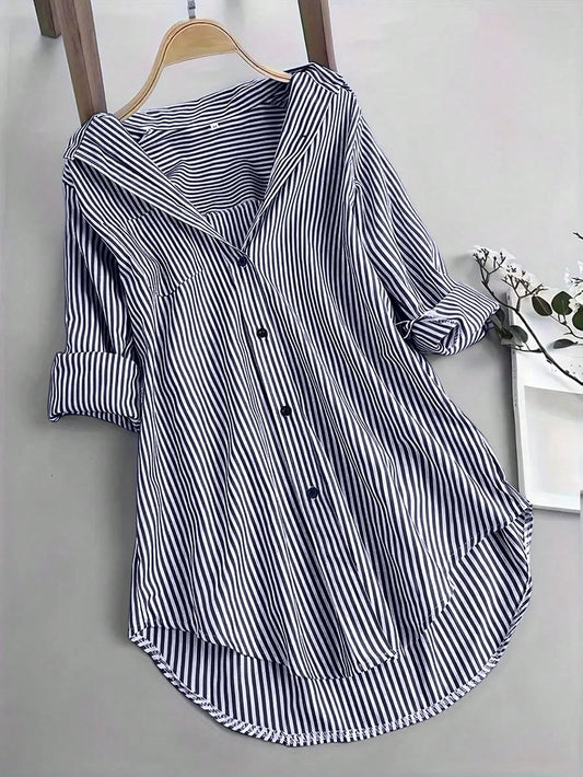 INAWLY Women's Oversized Striped Casual Shirt, Short Front Long Back Design,Long Sleeve Tops Navy Blue