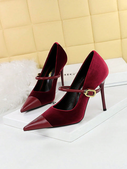 Party High Heels Thin Heels Low Vamp Pointed Suede & Metallic Buckle Detail Single Strap Women's Shoes Burgundy