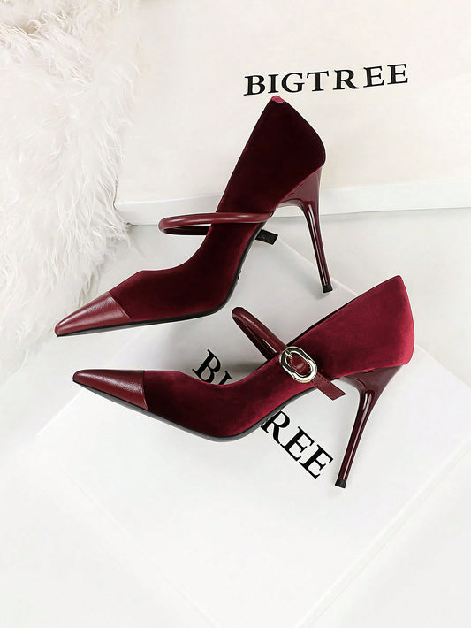 Party High Heels Thin Heels Low Vamp Pointed Suede & Metallic Buckle Detail Single Strap Women's Shoes Burgundy