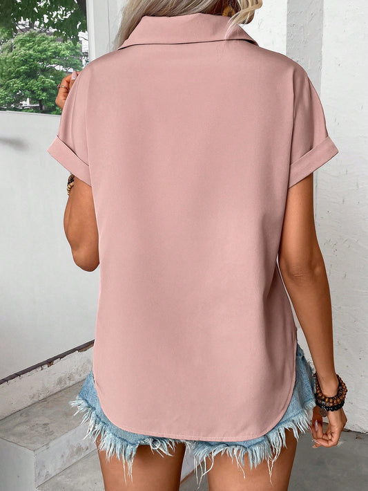 EMERY ROSE Women Summer Solid Color Pleated Batwing Short-Sleeved Casual Shirt,Short Sleeve Tops Dusty Pink