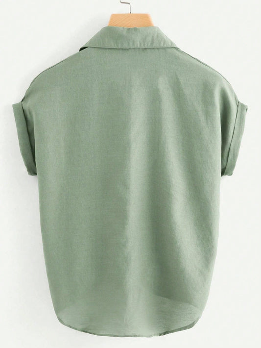 SHEIN LUNE Rolled Cuff Knotted Hem Shirt Mint Green