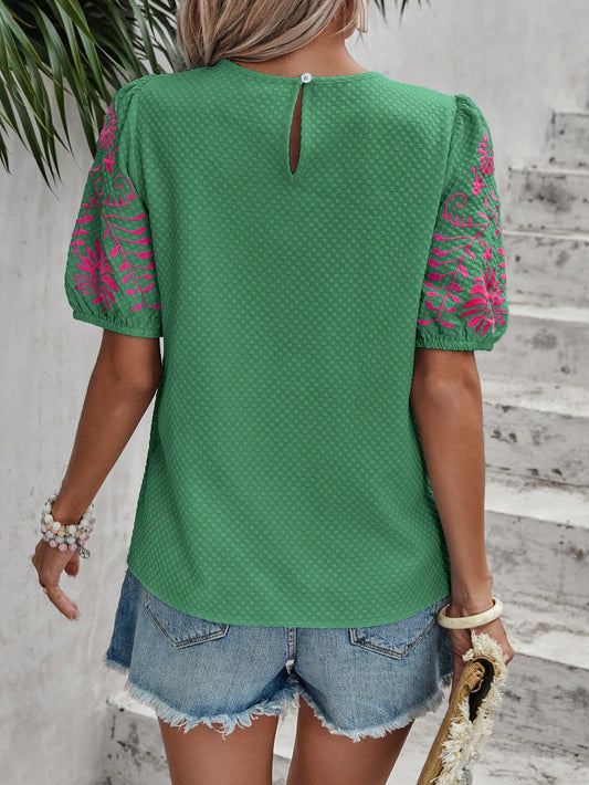 EMERY ROSE Women Embroidered Print Round Neck Shirt,Short Sleeve Tops Dark Green