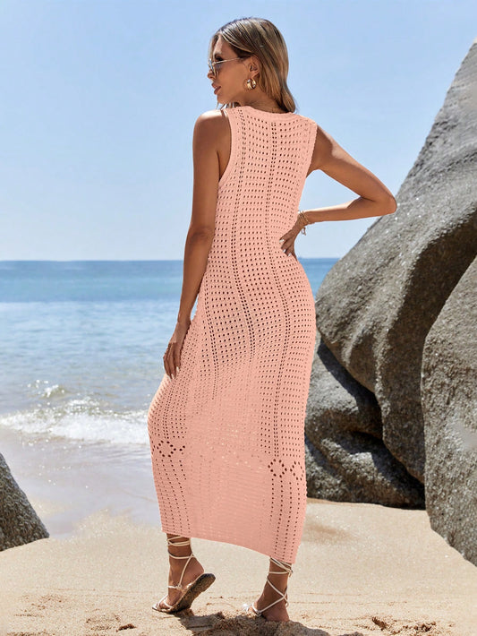 SHEIN Holidaya Casual Women Summer Beach V-Neck Long Sleeveless Sweater Dress Pink