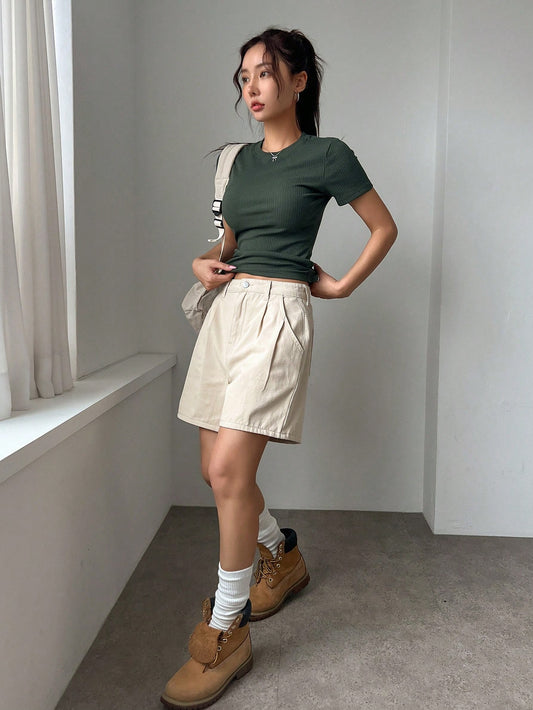 DAZY Women Fashionable Slim Fit Solid Color Short Sleeve T-Shirt Dark Green