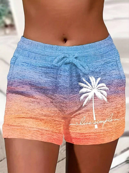 EMERY ROSE Women Vacation Style Palm Tree Printed Loose Drawstring Shorts Multicolor