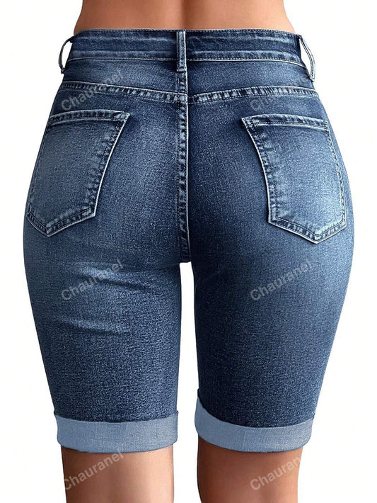 Casual Washed Stretch Denim Shorts, Spring/Summer Blue