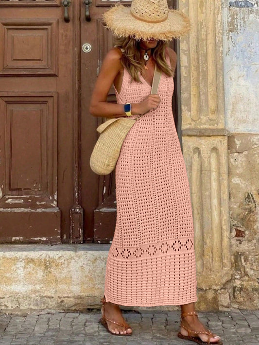 SHEIN Holidaya Casual Women Summer Beach V-Neck Long Sleeveless Sweater Dress Pink