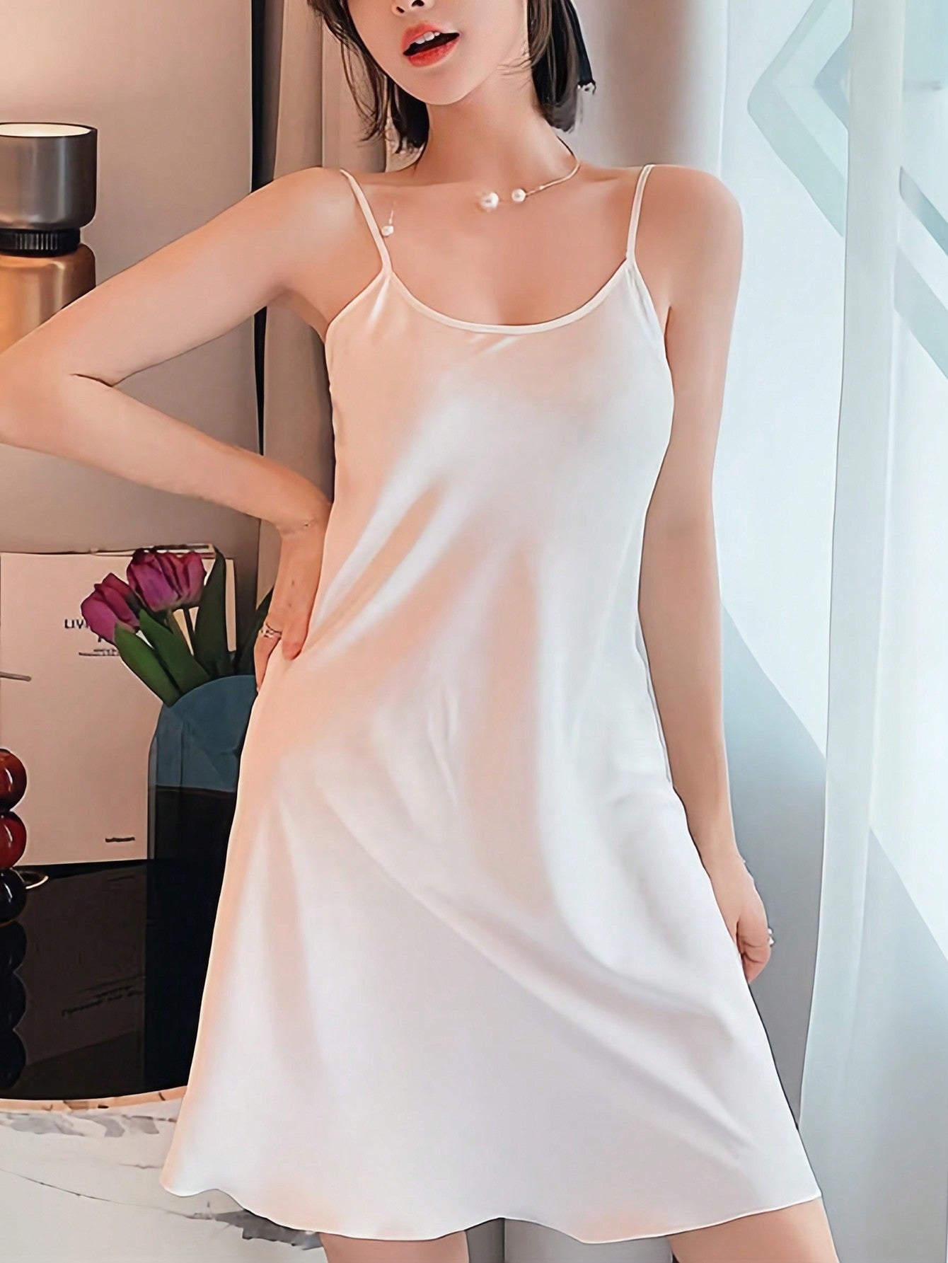 Adjustable Strap Summer Women's Sleepwear Dress, Satin Imitation Adult Camisole Dress, Spring/Autumn Sexy Thin Leisure Wear For Women White
