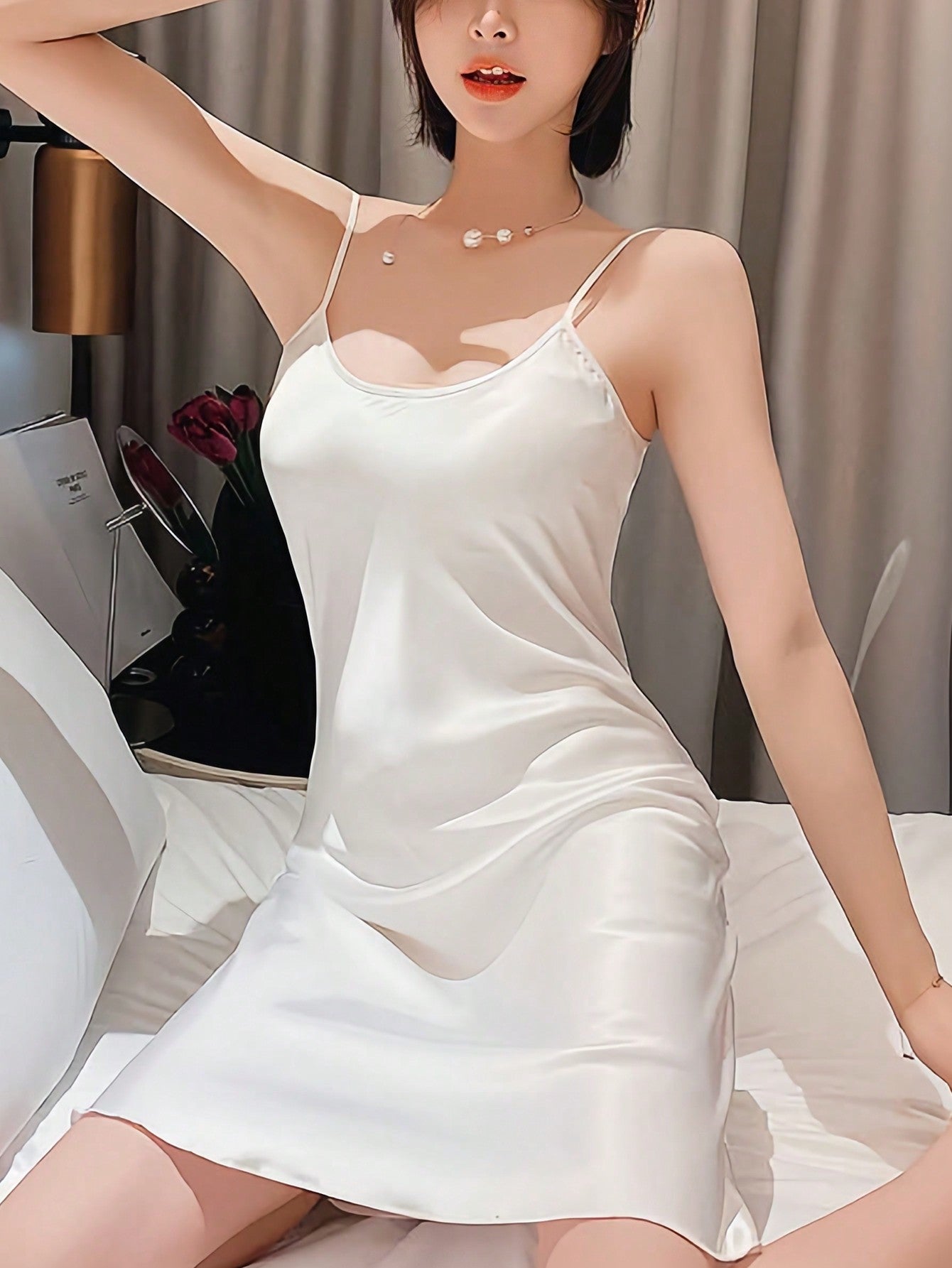 Adjustable Strap Summer Women's Sleepwear Dress, Satin Imitation Adult Camisole Dress, Spring/Autumn Sexy Thin Leisure Wear For Women White