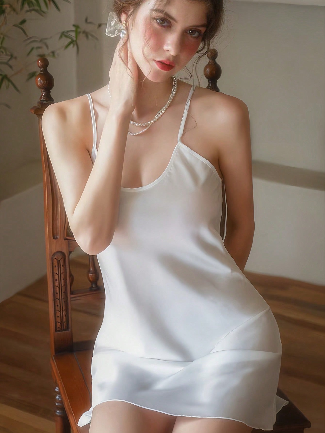 Adjustable Strap Summer Women's Sleepwear Dress, Satin Imitation Adult Camisole Dress, Spring/Autumn Sexy Thin Leisure Wear For Women White