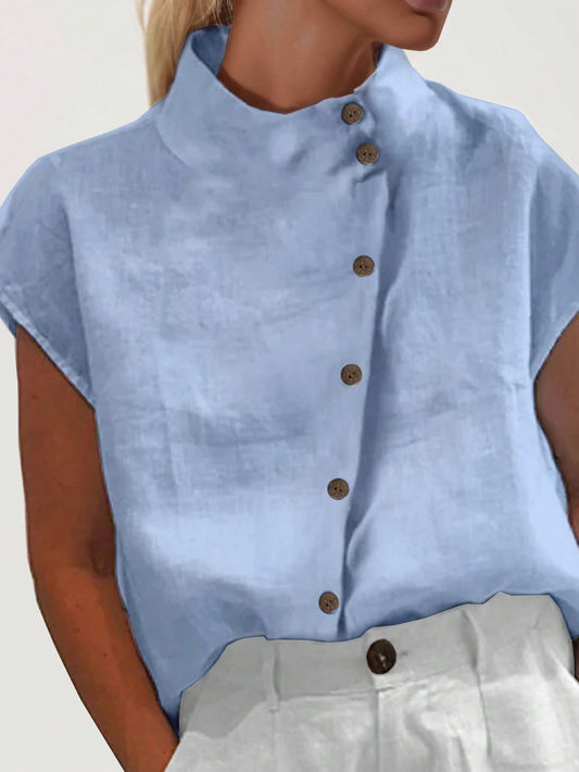 EMERY ROSE Women's Summer Stand Collar Single-Breasted Batwing Sleeve Loose Casual Shirt,Short Sleeve Tops Baby Blue