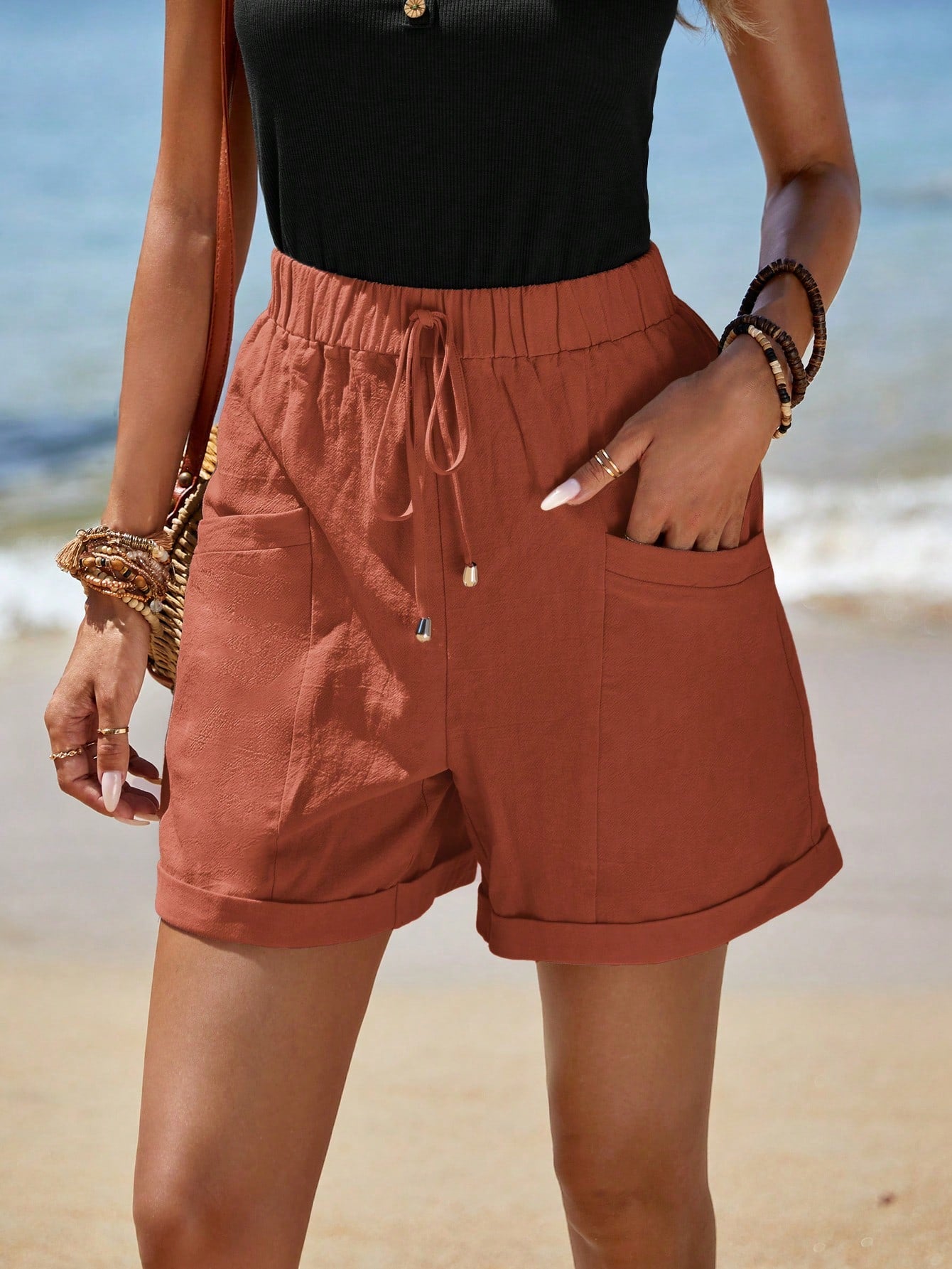 EMERY ROSE Vacation Style Casual Rolled Hem, Front Knotted, Double Pocket  Shorts Rust Brown