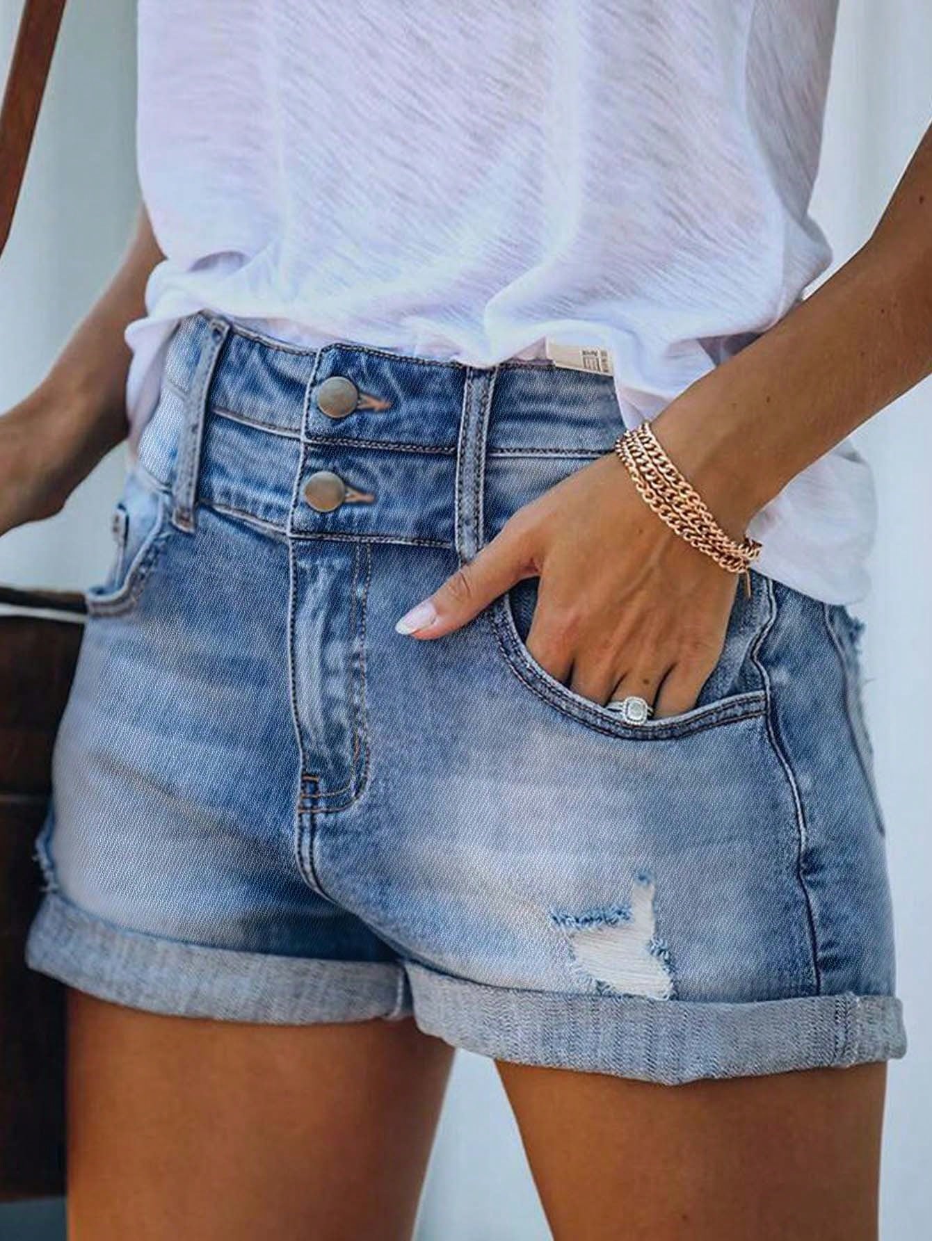 Women's Pocketed Ripped Hem Two-Button Basic Denim Shorts Light Wash