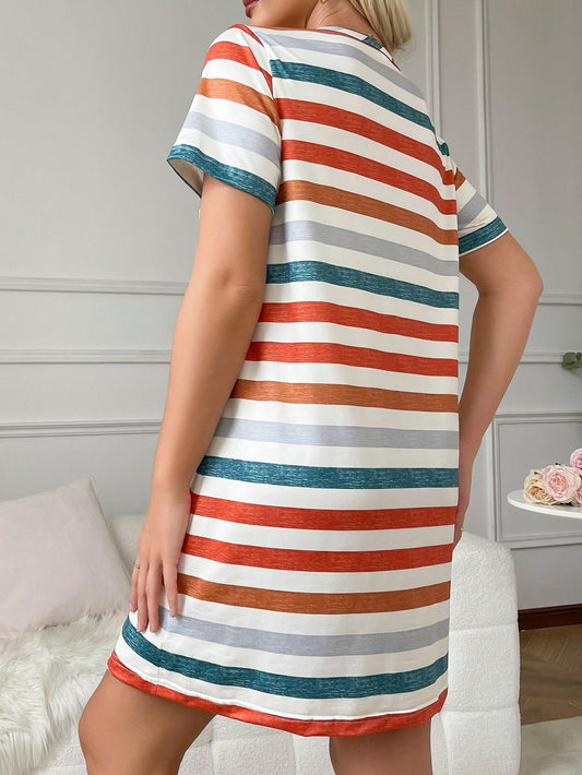 Colorful Striped Printed Short Sleeve T-Shirt Pajama Sleepwear Dress, Summer Multicolor