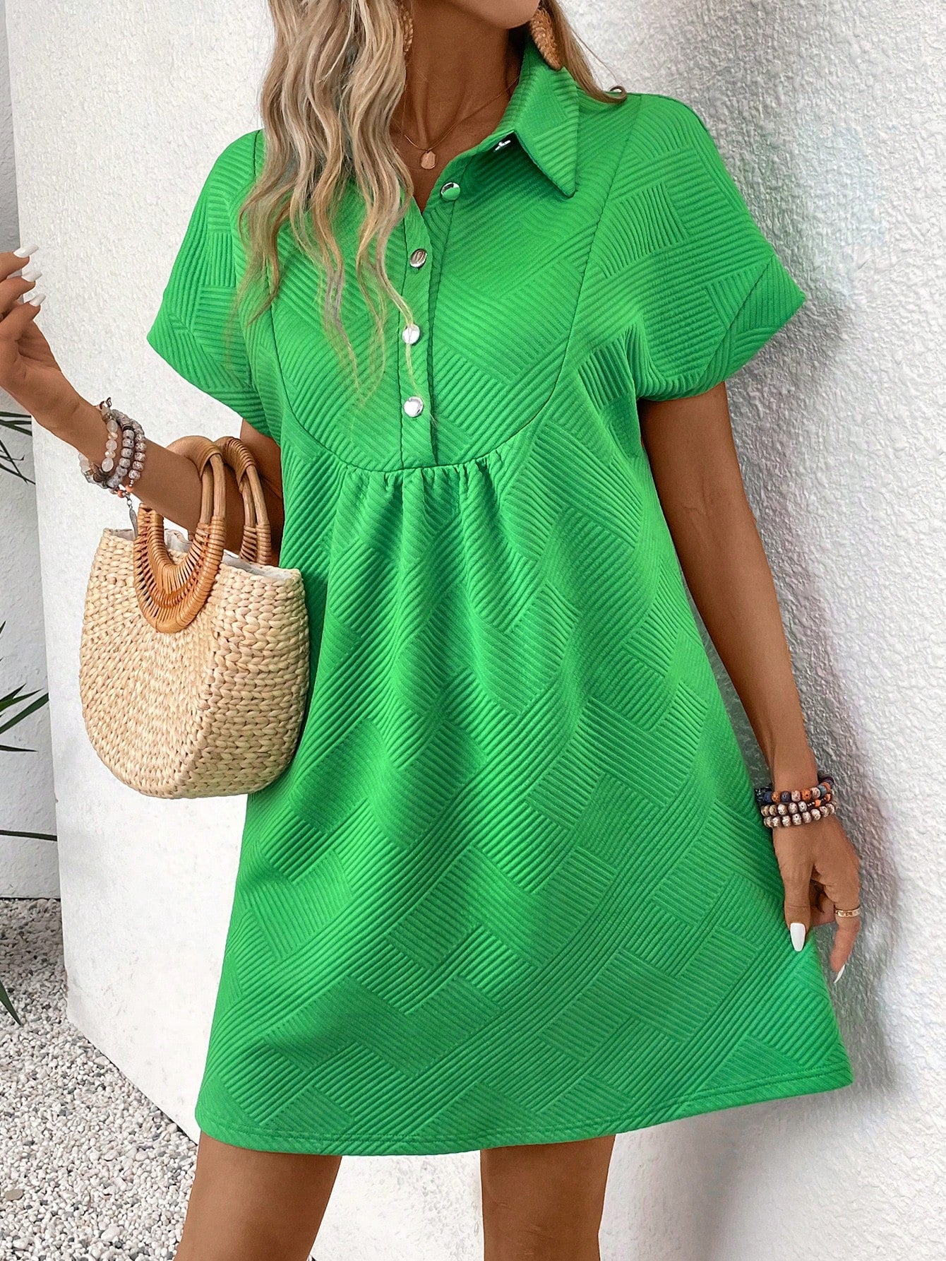 SHEIN LUNE Women's Half-Buttoned V-Neck Batwing Sleeve Summer Dress Green