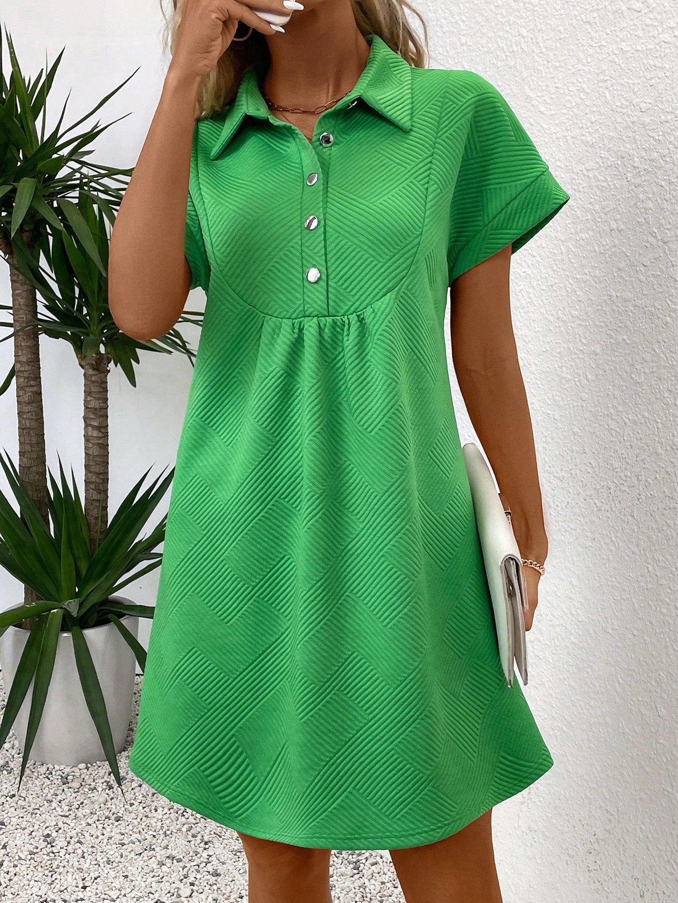 SHEIN LUNE Women's Half-Buttoned V-Neck Batwing Sleeve Summer Dress Green