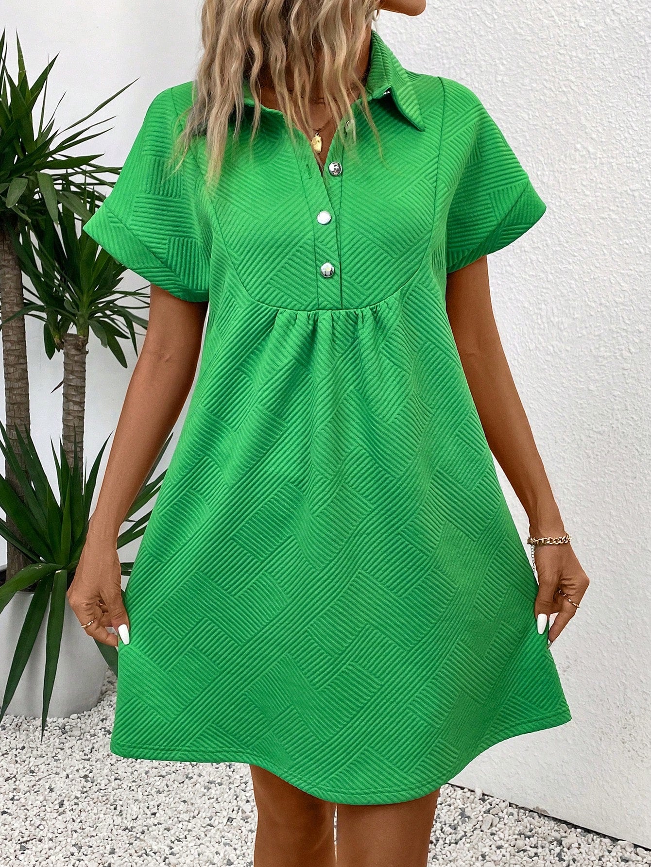 SHEIN LUNE Women's Half-Buttoned V-Neck Batwing Sleeve Summer Dress Green
