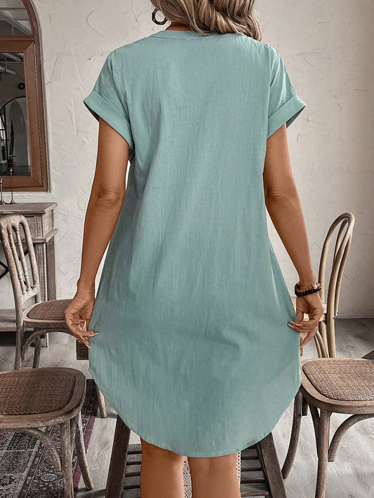 EMERY ROSE Solid Notched Button Front Batwing Sleeve Shirt Dress Green
