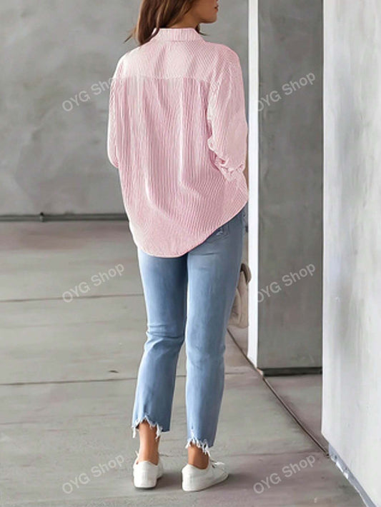 New Arrival Autumn Floral & Striped Cardigan Blouse, Women's Casual Long Sleeve Shirt Pink