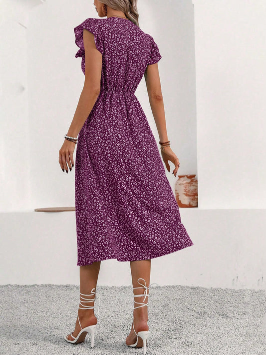 SHEIN LUNE Women's Random Floral Print Casual Short Sleeve Dress Maxi Women Outfit Purple