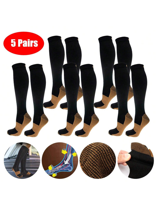 5 Pairs Copper Compression Socks Mens Womens S/M L/XL XXL 20-30mmHg Support Knee High Socks Stockings Unisex Energy Ankle Support Running Athletic Sports Fitness Socks Black