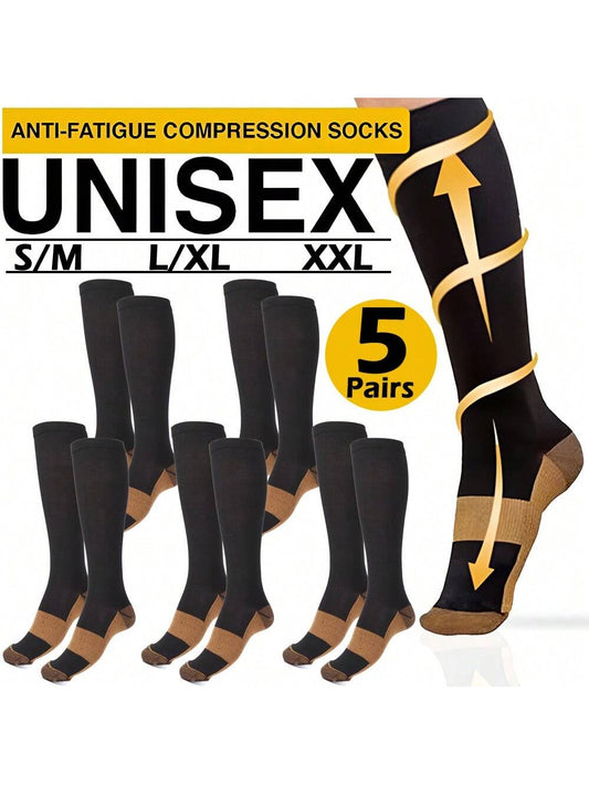 5 Pairs Copper Compression Socks Mens Womens S/M L/XL XXL 20-30mmHg Support Knee High Socks Stockings Unisex Energy Ankle Support Running Athletic Sports Fitness Socks Black