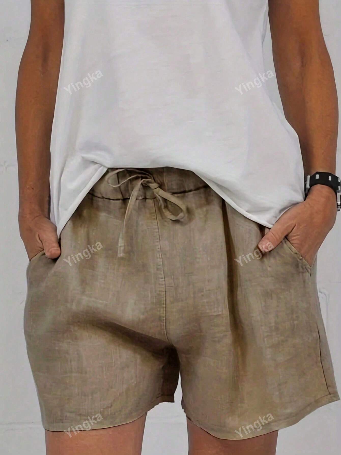 Women's Linen Fabric Elastic Waist Drawstring Casual Shorts Brown