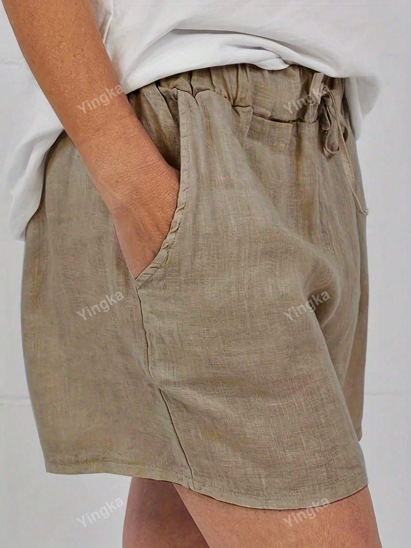 Women's Linen Fabric Elastic Waist Drawstring Casual Shorts Brown