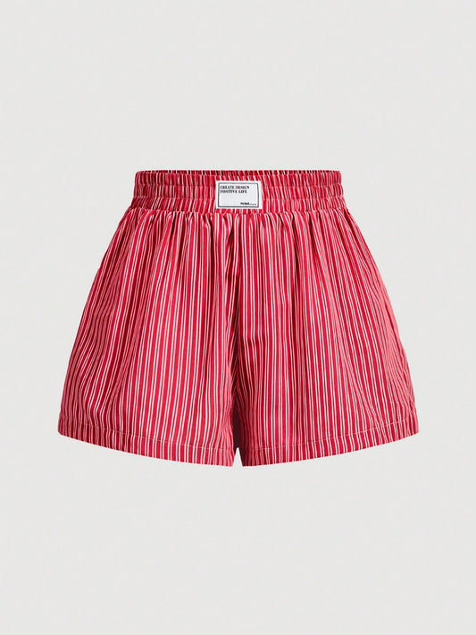 SHEIN MOD Women's Casual Loose Hi-Letter Striped Waistband Elastic Waist Shorts Red