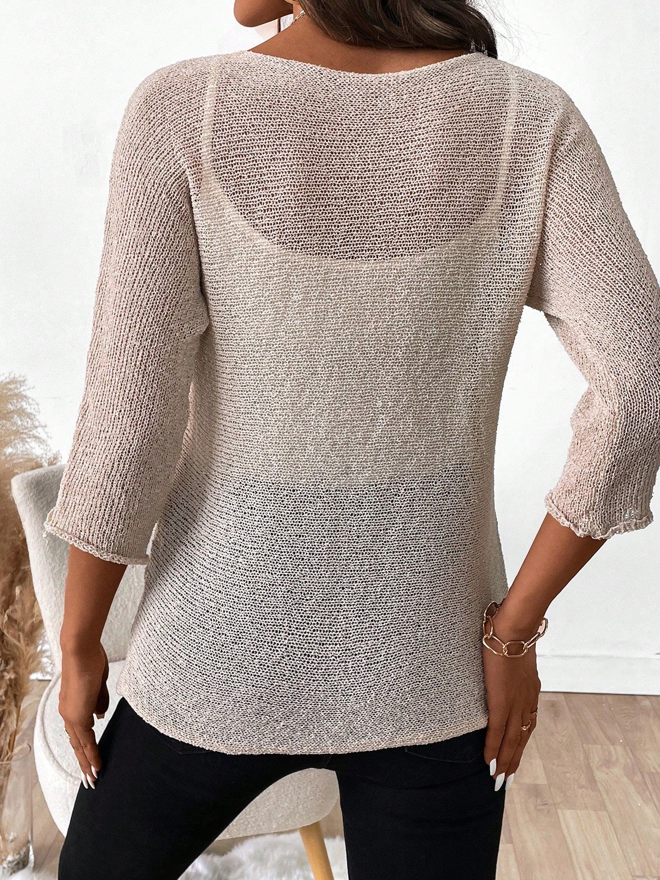 SHEIN LUNE Women's Round Neck Long Sleeve Plain Casual Loose Comfortable Sweater Beige
