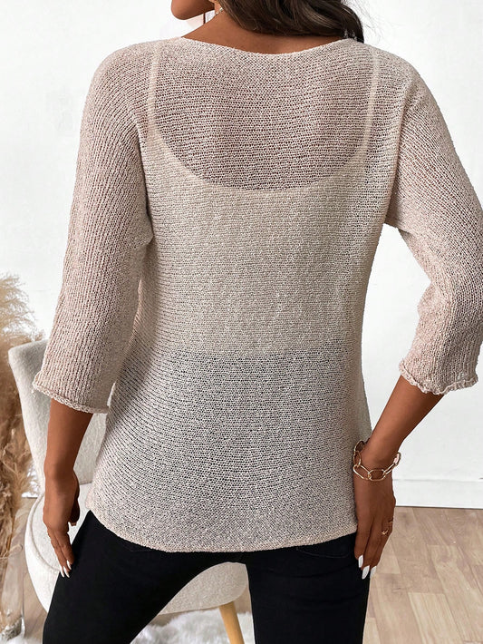 SHEIN LUNE Women's Round Neck Long Sleeve Plain Casual Loose Comfortable Sweater Beige
