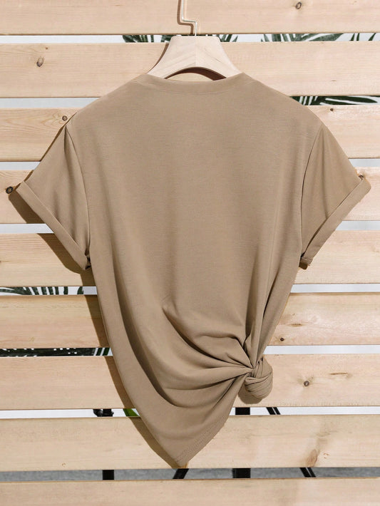 SHEIN Women's Solid Color Simple Crewneck Short-Sleeved Summer T-Shirt, Daily Wear Mocha Brown