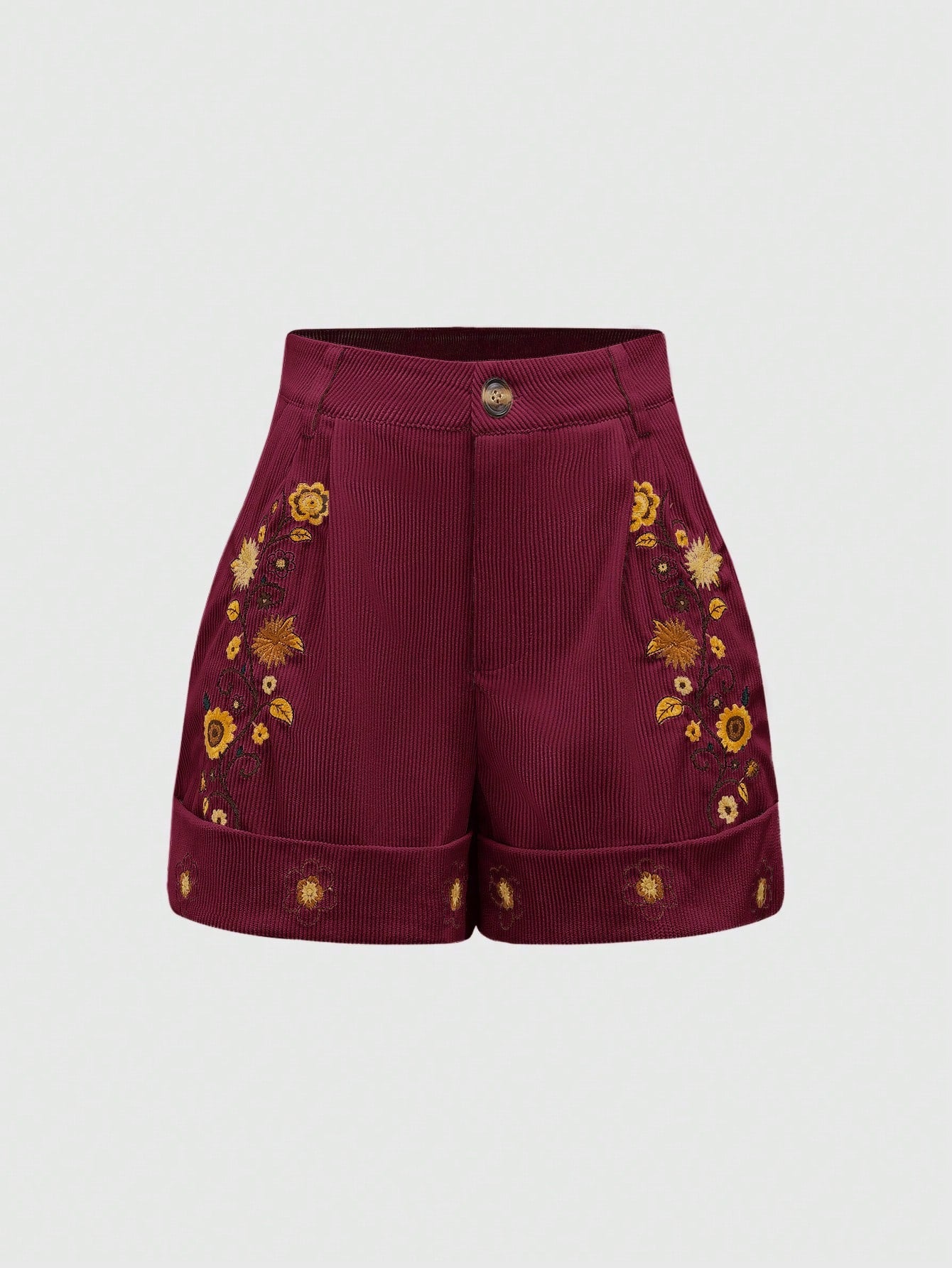 ROMWE Hippie Women's Vacation Casual Floral Embroidered Shorts Burgundy