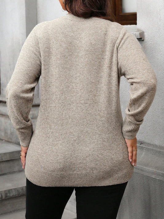 SHEIN Relaxiva Plus Size Minimalist Casual Daily Long Sleeve Pullover Sweater, Winter Camel