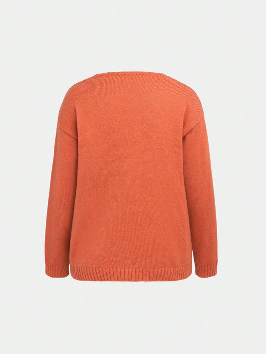 Custom MadeSimple Solid Color V-Neck Knit Sweater, Loose & Slimming, Elegant Casual Style, Pullover Long Sleeve Top, Autumn-Winter Burnt Orange