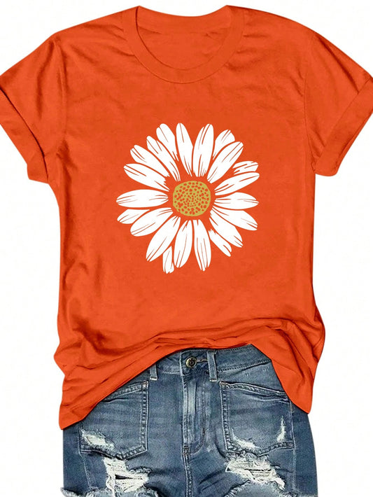 INAWLY Floral Print Short Sleeve Casual T-Shirt, Women Round Neck Pullover Flower Pattern Top Graphic Tees Women Tops Orange